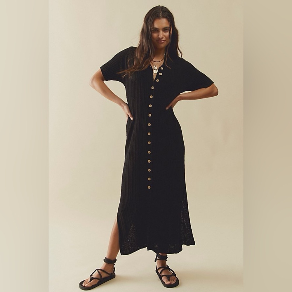 Free People beach riding waves knit sweater dress midi button down BLACK MEDIUM
